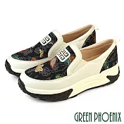 【GREEN PHOENIX】女 休閒鞋 懶人鞋 厚底鞋 健走鞋 便鞋 刺繡 真皮 輕量 JP22.5 黑色