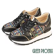 【GREEN PHOENIX】女 休閒鞋 懶人鞋 真皮 內增高 刺繡 顯瘦 輕量 免綁鞋帶 EU36 黑色