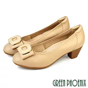 【GREEN PHOENIX】女 高跟鞋 包鞋 粗跟 全真皮 足弓 蝴蝶結 OL 通勤 面試 EU36 杏色