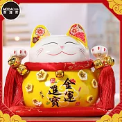 摩達客◉春節開運招財◉8.5吋黃色金運進寶招財貓(含坐墊)_撲滿存錢桶擺飾桌飾