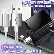 CITY 35W Gan氮化鎵Type-C(PD)+USB快充黑+MyStyle 耐彎折編織線 USB to Type-C-銀120cm