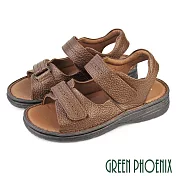 【GREEN PHOENIX】男 涼鞋 牛皮 真皮 厚底 寬楦 沾黏式 手縫大底 臺灣製 US6 咖啡色