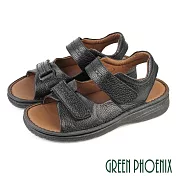 【GREEN PHOENIX】男 涼鞋 牛皮 真皮 厚底 寬楦 沾黏式 手縫大底 臺灣製 US5 黑色