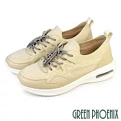 【GREEN PHOENIX】女 運動鞋 氣墊鞋 懶人鞋 健走鞋 休閒鞋 輕量 厚底 彈力 透氣 襪套式 EU35 米色