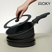 【WOKY 沃廚】塔塔鍋 22CM鈦陶瓷不沾鍋-3鍋7件組(可拆把手/平底鍋/煎鍋/炒鍋/湯鍋)附收納袋 灰墨