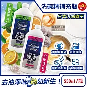 (2瓶任選超值組)日本LION獅王-CHARMY Magica速乾+去油淨味濃縮洗碗精補充瓶530ml/瓶(碗盤洗滌,廚房塑膠砧板海綿清潔,不鏽鋼陶瓷玻璃容器防水垢) 柑橘薄荷(綠)+白玫瑰(粉)各1瓶