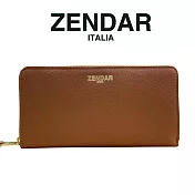 【ZENDAR】限量1折 頂級小牛皮防刮十字紋拉鍊皮夾 貝兒系列 全新專櫃展示品 (琥珀色)