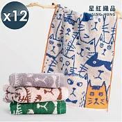 【星紅織品】可愛胖胖貓雙面圖案純棉毛巾-12入 綠色