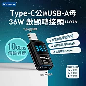 Kamera Type-C公輸出 轉USB-A母輸入 電流電壓功率資料顯示轉接頭-黑-36W/12V/3A 充電傳輸二合一 充電傳輸二合一 10Gbps高速傳輸轉接