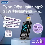 Kamera Type-C母輸入 轉Lightning公輸出 電流電壓功率數據顯示轉接頭-透明黑(2入)-35W/20V/1.75A PD2.0 快充 充電傳輸二合一