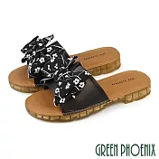 【GREEN PHOENIX】女 拖鞋 全真皮 蝴蝶結 寬版 彈力 EU36 黑色