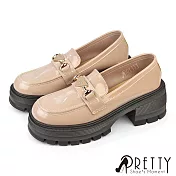 【Pretty】女 樂福鞋 小皮鞋 英倫學院風 漆皮 厚底 馬銜釦 台灣製 EU36 卡其色