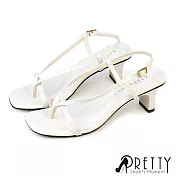 【Pretty】女 涼鞋 貓跟鞋 高跟 方頭 夾腳 套趾 台灣製 JP23 白色