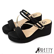 【Pretty】女 拖鞋 涼鞋 楔形 厚底 兩穿 一字 台灣製 JP22.5 黑色