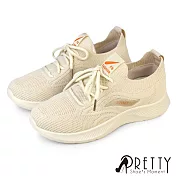 【Pretty】女 休閒鞋 懶人鞋 綁帶 厚底 襪套 顯瘦 EU36 米色