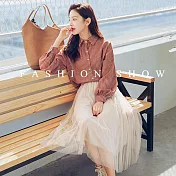 【BJ COLLECTION】日系飄逸高腰顯瘦百褶網紗裙BJC40009 杏色 FREE 米色