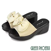 【GREEN PHOENIX】女 拖鞋 厚底拖鞋 楔型拖鞋 蝴蝶結 輕量 吸震減壓 真皮 JP22.5 米色