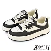 【Pretty】女 休閒鞋 板鞋 運動鞋 小白鞋 熊貓鞋 綁帶 平底 皮革 JP23 黑色