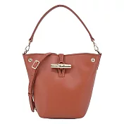 LONGCHAMP LE ROSEAU系列金屬竹節滑面小牛皮兩用水桶包(迷你) 樹皮紅