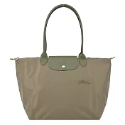 LONGCHAMP LE PLIAGE GREEN系列刺繡長把再生尼龍摺疊水餃包(大) 朝鮮薊綠