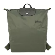 LONGCHAMP LE PLIAGE GREEN系列刺繡再生尼龍摺疊後背包(中) 森林綠