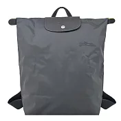 LONGCHAMP LE PLIAGE GREEN系列刺繡再生尼龍摺疊後背包(中) 石墨灰