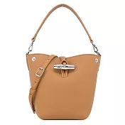 LONGCHAMP LE ROSEAU系列金屬竹節粒面牛皮兩用水桶包(迷你) 胡桃棕