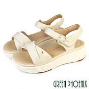 【GREEN PHOENIX】女 涼鞋 厚底涼鞋 楔型涼鞋 沾黏帶 扭結 輕量 羊皮 JP22.5 米色