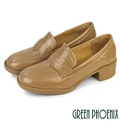 【GREEN PHOENIX】女 樂福鞋 跟鞋 包鞋 漆皮 粗跟 中跟 輕量 英倫雕花 學院風 EU35 杏色