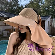 【Decoy】夏季時尚 蝴蝶結披肩遮臉護脖防曬漁夫帽/ 卡其色