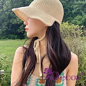 【Decoy】日系編織 寬檐顯臉小透氣防曬綁帶草帽/ 米色