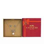 COACH C Logo 玻璃珍珠針式耳環+玻璃珍珠蝴蝶結項鍊飾品禮盒 (銀色)