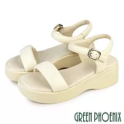 【GREEN PHOENIX】女 涼鞋 一字涼鞋 厚底涼鞋 鬆糕 輕量 羊皮 真皮 EU35 米色