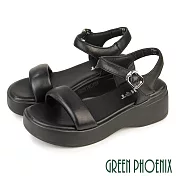 【GREEN PHOENIX】女 涼鞋 一字涼鞋 厚底涼鞋 鬆糕 輕量 羊皮 真皮 EU35 黑色