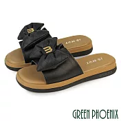【GREEN PHOENIX】女 拖鞋 蝴蝶結 真皮 牛皮 寬版 微厚底 平底 EU36 黑色