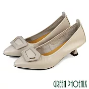 【GREEN PHOENIX】女 跟鞋 尖頭鞋 貓跟鞋 包鞋 真皮 OL 通勤 上班 EU35 灰色