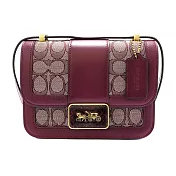 COACH SIGNATURE織布拼接皮革蛇皮紋LOGO按釦斜背包-卡其酒紅