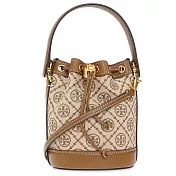 TORY BURCH 緹花織布拼接皮革束口水桶包-卡其駝