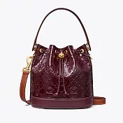 TORY BURCH 漆皮浮雕LOGO素色束口水桶包/兩用包-酒紅