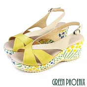 【GREEN PHOENIX】女 涼鞋 厚底涼鞋 楔型涼鞋 魚口涼鞋 全真皮 超輕量 臺灣製 JP23 黃色