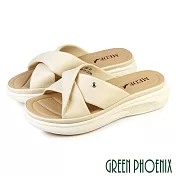 【GREEN PHOENIX】女 拖鞋 厚底拖鞋 小坡跟 交叉 扭結 輕量 羊皮 真皮 EU36 米色