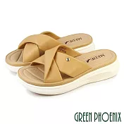 【GREEN PHOENIX】女 拖鞋 厚底拖鞋 小坡跟 交叉 扭結 輕量 羊皮 真皮 EU36 杏色