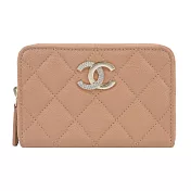 CHANEL 水鑽雙C LOGO菱格紋小牛皮零錢夾(深米)