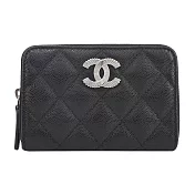 CHANEL 經典浮雕雙CLOGO菱格紋小牛皮零錢夾(黑色)