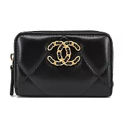 CHANEL 19系列經典金屬LOGO菱格紋小羊皮零錢包(黑色)