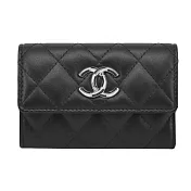 CHANEL 經典雙C 琺瑯LOGO菱格紋小羊皮卡片夾(黑色)
