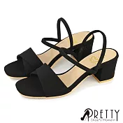 【Pretty】女 涼鞋 粗跟涼鞋 高跟涼鞋 一字帶 方頭 台灣製 JP22.5 黑色
