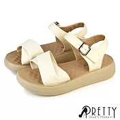 【Pretty】女 涼鞋 厚底涼鞋 一字涼鞋 扭結 輕量 沾黏帶 EU37 米色