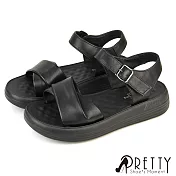【Pretty】女 涼鞋 厚底涼鞋 一字涼鞋 扭結 輕量 沾黏帶 EU37 黑色