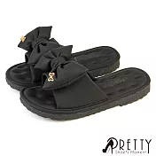 【Pretty】女 拖鞋 大蝴蝶結 寬版 平底 微厚底 韓版 JP23 黑色